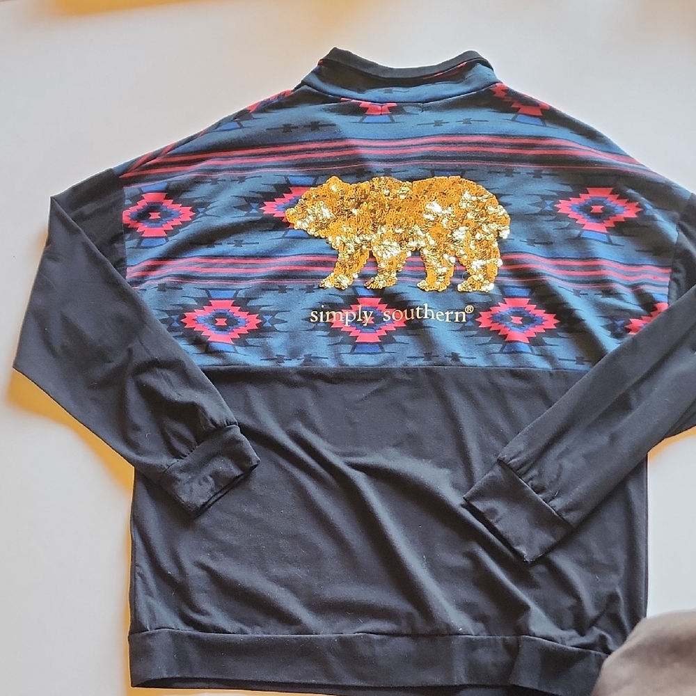 Simply Southern Black 1/4 Zip Pullover with Bold Sequin Gold Bear Design